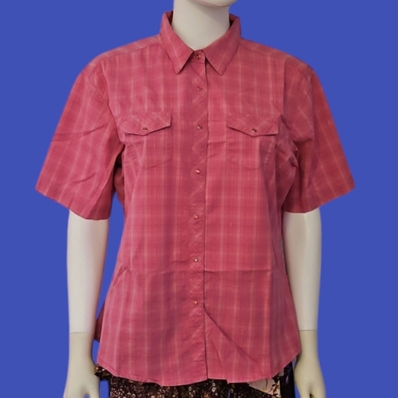 WRANGLER Pink Metallic Plaid Short Sleeve Snap Collared Western Shirt - Picture 1 of 8